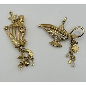 2 Gold Kirks Folly Brooch Pins Aladdin Magic Lantern Genie & Cherub Harp Charms